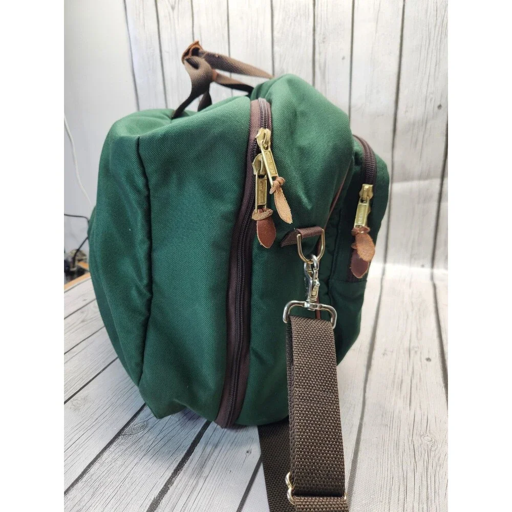 Vtg L.L. Bean Forest Green Canvas Duffle Bag Leather Trim Brass Hardware Travel
